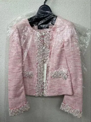 미사용 새상품 택 포함 코투 COTOO 트위드 노카라 자켓 핑크 화이트