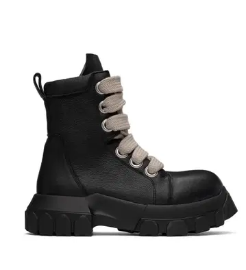 ADWENS 블랙 가죽 하이컷 부츠 통굽