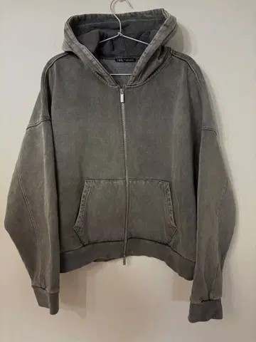 ZARA 워시 가공 더블 지퍼 후드티 S 크롭 그레이