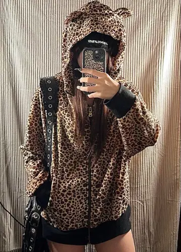 귀 달린 레오파드 무늬 후드티 그런지 y2k 헤이세이 갸루