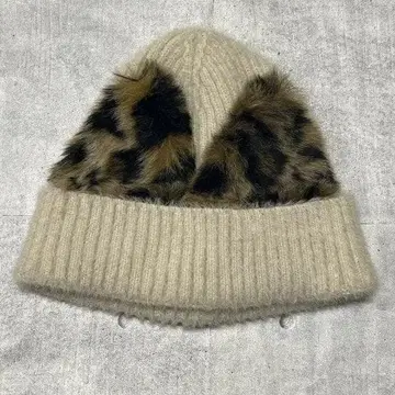 고양이 귀 니트 모자 레오파드 퍼 접이식 리브 KNIT CAP 비니