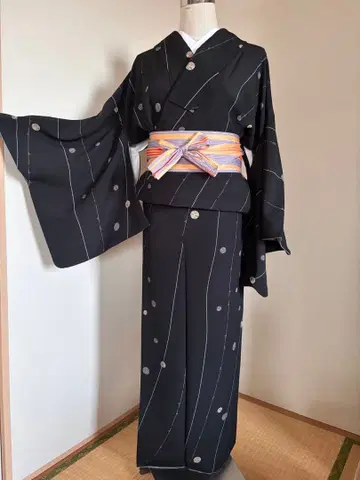 워셔블 기모노 이중 기모노 코몬 블랙 산비제