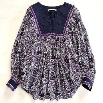 누키테파 퀼팅 절개 블라우스 꽃무늬 퍼플 보라색 개더 긴팔 코튼