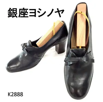 긴자 요시노야 리본 청키힐 천연 가죽 가죽 블랙 22.5cm