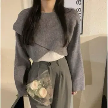 그레이 레이어드 긴팔 니트