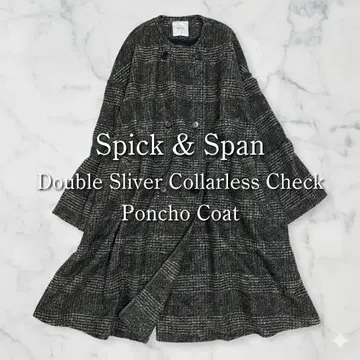 새상품급 스픽 앤 스팬 W 슬라이버 노카라 체크 판초 코트