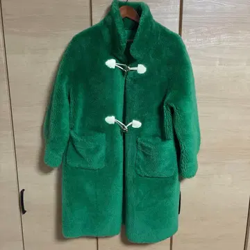 PINE TREE 플리스 후드 부착 롱 더플 코트 그린