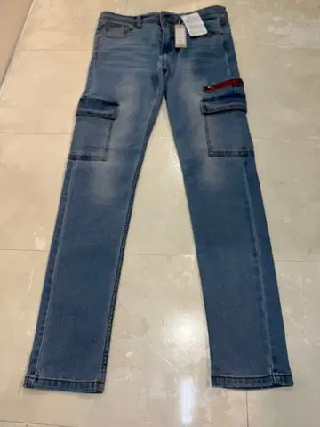 데님 카고 팬츠 스키니 블리치