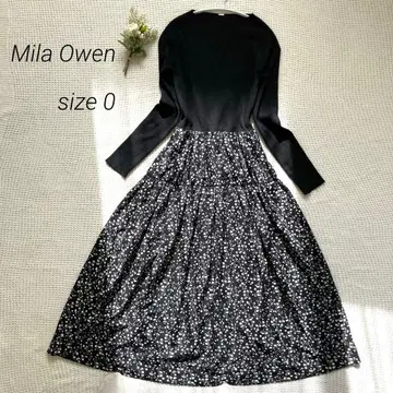 Mila Owen 플레어 롱 니트 원피스 리브 니트 꽃무늬 블랙