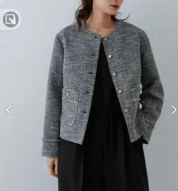 어반 리서치 트위드 노카라 자켓 블랙