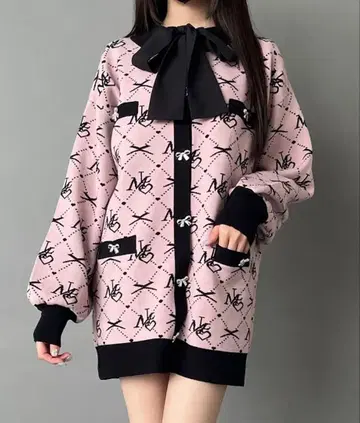 유메텐보 모노그램 니트 가디건 핑크 블랙