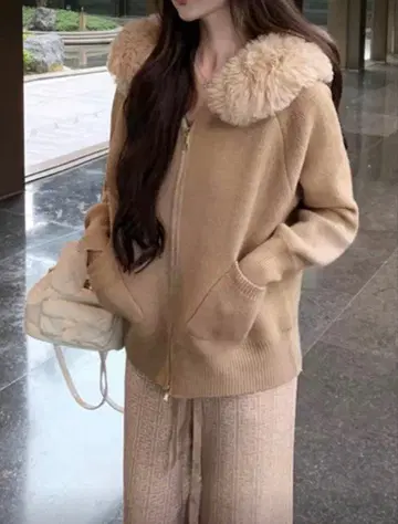 SHEIN 후드티 퍼 베이지 카키