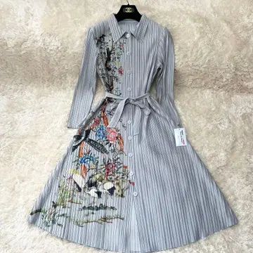 택 포함 새상품 플리츠 바이 모니카 롱 원피스 꽃무늬 그레이