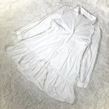 인기 자라 [ S 상당 ] 프릴 셔츠 원피스 긴팔 화이트 코튼 100%