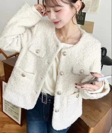 페이크 링 울 골드 버튼 노카라 자켓