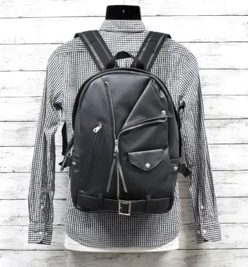 미사용 백팩 라이더스 디자인 인조 가죽 블랙 남성/여성