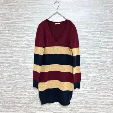 테 Tu 니트 원피스 긴팔 보더 무늬 S~M 사이즈 와인 레드