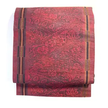 5k3001 나고야 오비 실크  빨간색 브라운 꽃무늬 일본 의류 기모노