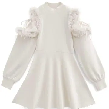 GRL 튤 숄더 퍼 플레어 니트 미니 원피스 아이보리