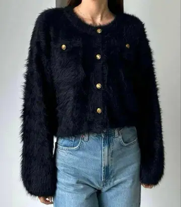 louere 골드 버튼 샤기 니트 가디건 블랙 L 루