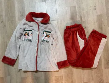 룸웨어 파자마 상하의 세트 복슬복슬 백조 패턴 레드 계열 S