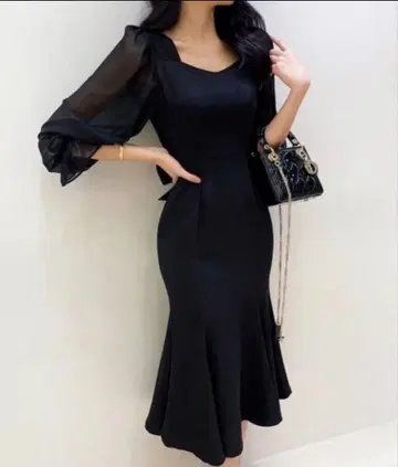 블랙 시스루 긴팔 플레어 드레스