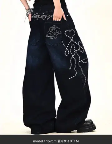 로즈 자수 배기 와이드 데님 팬츠 바지 스트릿 ZOZOTOWN