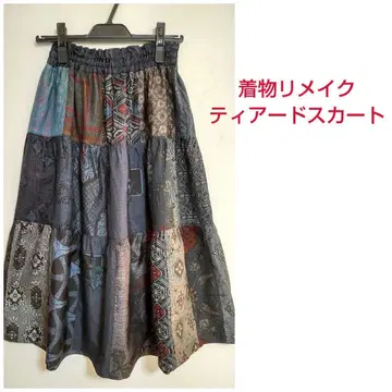 기모노 리메이크 남색 계열 오시마 패치워크 캉캉 스커트 프리 사이즈