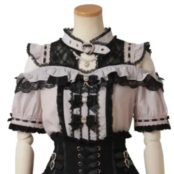 리즈리사 3개 리본 프론트 초커 블라우스 핑크 블랙