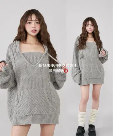 케이블 DD 로고 V넥 니트 후디