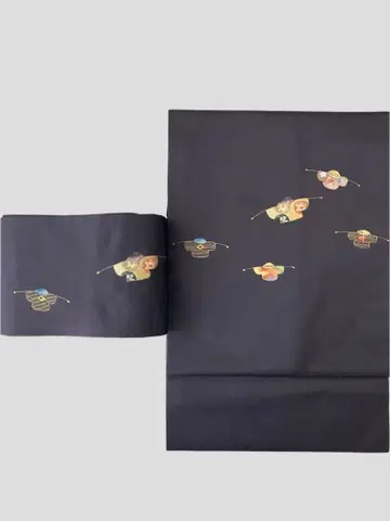 진한 그레이 야지로베에 자수 나고야 오비 코몬  캐주얼 코디 NO66