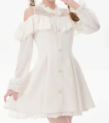 레이스 x 리본 오프숄더 원피스 화이트 히메 스타일 양산형 지뢰계