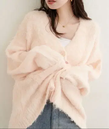 natural couture 샤기 기모 V넥 니트 가디건 핑크