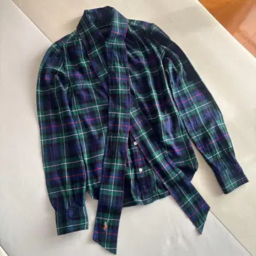 랄프 로렌 리본 포함 그린 계열 체크 셔츠