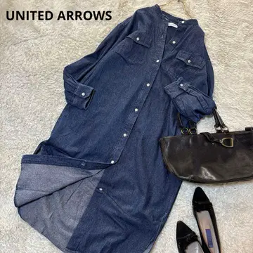 새상품급 유나이티드 애로우즈 밴드 카라 데님 셔츠 롱 원피스 블루