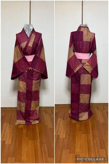 앤티크!! 보라색 히토츠메 시보리 원단 블록 체크 이중 기모노