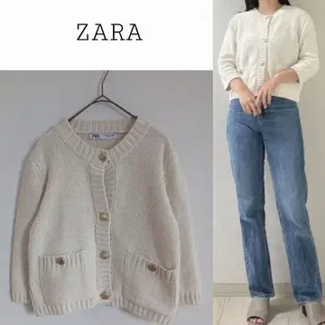 자라 ZARA 플레인 니트 7부 소매 가디건 골드 버튼 에크루 컬러