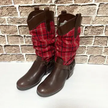 키다리 아저씨 체크 부츠 빨간색 x 브라운 23.5cm 새상품급
