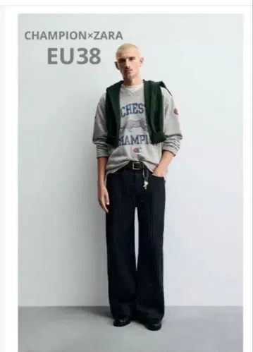 [ 완판템 ] ZARA CHAMPION 스트라이프 배기 핏 청바지 36