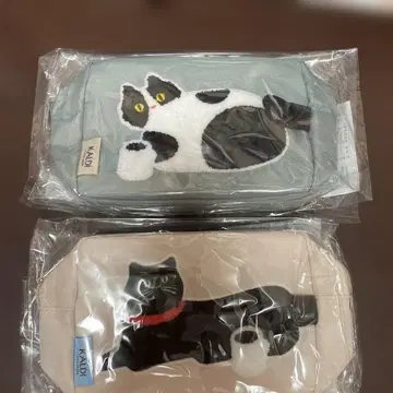 KALDI 고양이 자수 파우치 그레이/베이지