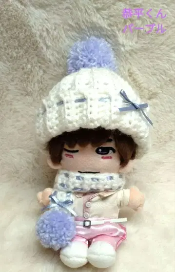 나니와단시 치비누이 니트 모자 & 머플러 화이트 파스텔 퍼플