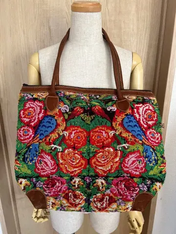 과테말라 민족 자수 직물 백 천연 가죽 컬러풀 에스닉 컬러풀