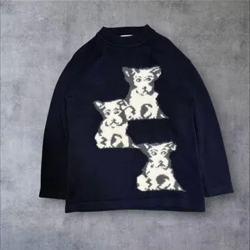 70s 빈티지 스웨터 강아지 패턴 네이비 니트