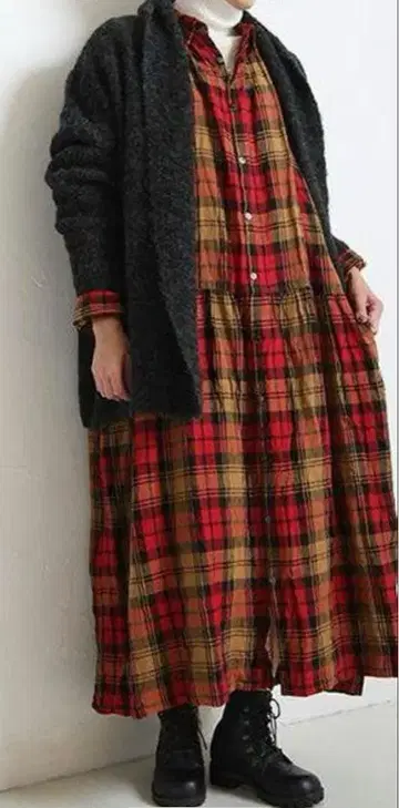 이치 앤티크스 린넨 타탄 체크 패턴 셔츠 원피스