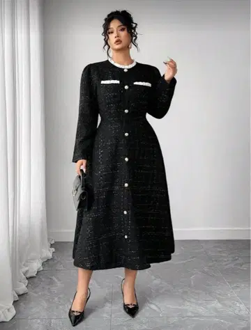 블랙 트위드풍 롱 드레스