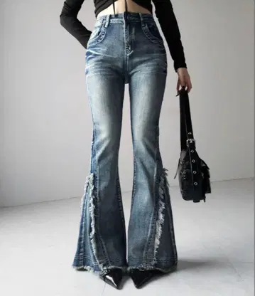 밈 셀렉 빈티지 라이크 프린지 스트레치 플레어 데님 블루 M