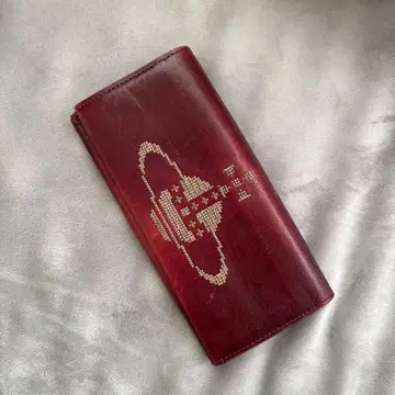 우주 모티브 와인 레드 가죽 장지갑