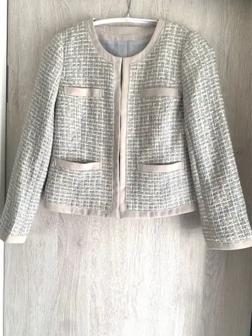 ENNEA 노카라 트위드 자켓 38 사이즈 베이지 x 라이트 블루