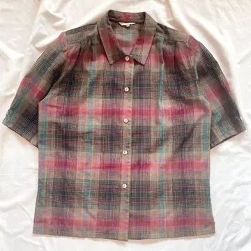 일본제 체크 무늬 반팔 블라우스 M 사이즈 트리아세테이트 혼방 시어 소재