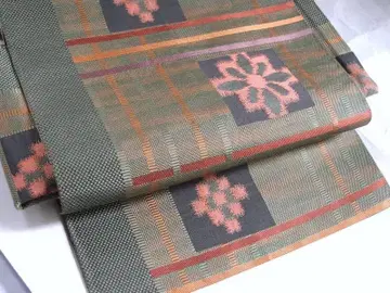 하카타 오리 하치스이 나고야 오비 (격자에 꽃 문양) 순수 실크 새상품급